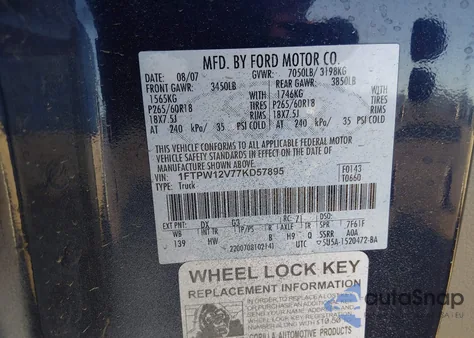 2007 Ford F-150 Lariat/Xlt z USA, uszkodzony, nr VIN 1FTPW12V77KD57895